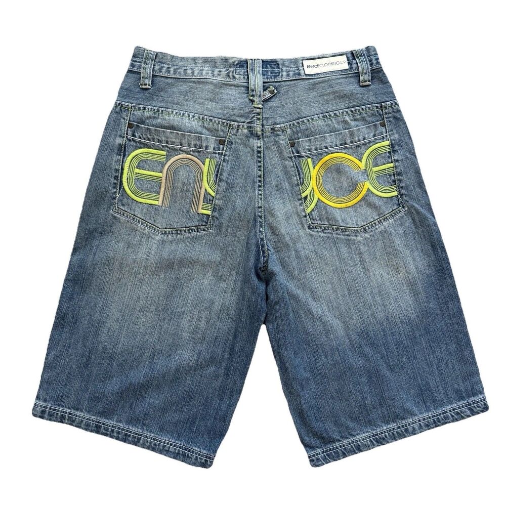 Vintage Y2K ENYCE Jean Shorts Mens 32 Baggy Embroidered Skate Jorts